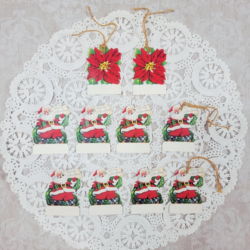 Mid Century Christmas Gift Tags Figural Santa Poinsettia Lot of 10 Ephemera